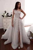 Elegant One Shoulder Floral Appliques A-line Wedding Gowns, Newest Long Prom Dresses OK1945