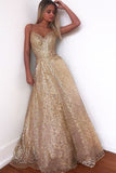 Glitter Gorgeous A-line Sweetheart Cross Back Gold Sequins Long Prom Dress OKT63