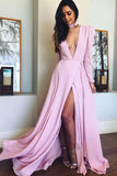 Charming Deep V Neck Long Sleeves Slit Pink Long Prom Dress Elegant Evening Dress OKT64