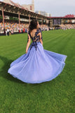 A Line Long SLeeves Blue Lace Appliques Prom Dress OKP84