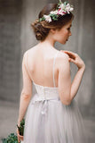 Spaghetti Straps Backless Grey Tulle Long Wedding Dresses With Lace Appliques OK531