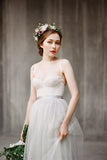 Spaghetti Straps Backless Grey Tulle Long Wedding Dresses With Lace Appliques OK531