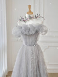 A Line Off the Shoulder Gray Tulle Long Prom Dress Formal Evening Dress OK1176