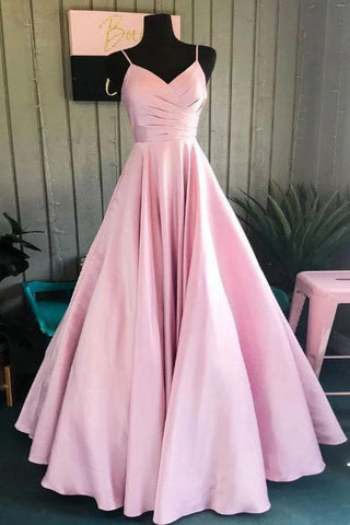 Pink Spaghetti Straps Rushed V-neck A Line Satin Long Prom Dress OK1164