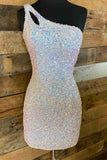 Unique Hot Pink Sequins One Shoulder Tight Mini Homecoming Dress OK1538