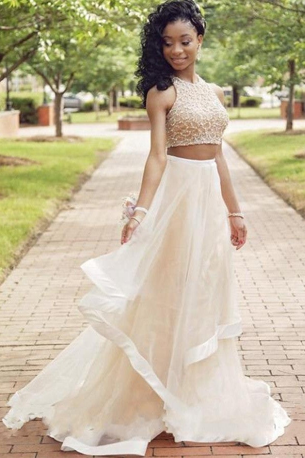 Elegant Two Pieces Beaded A-line Beauty Tulle Prom Dress For Teens K682
