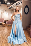 Strapless Satin Light Blue Slit A Line Simple Prom Dress With Pocktets OKP86