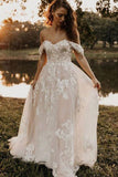 A-line Off the Shoulder Lace Appliques Tulle Wedding Dress Boho Rustic Wedding Gown OKY33