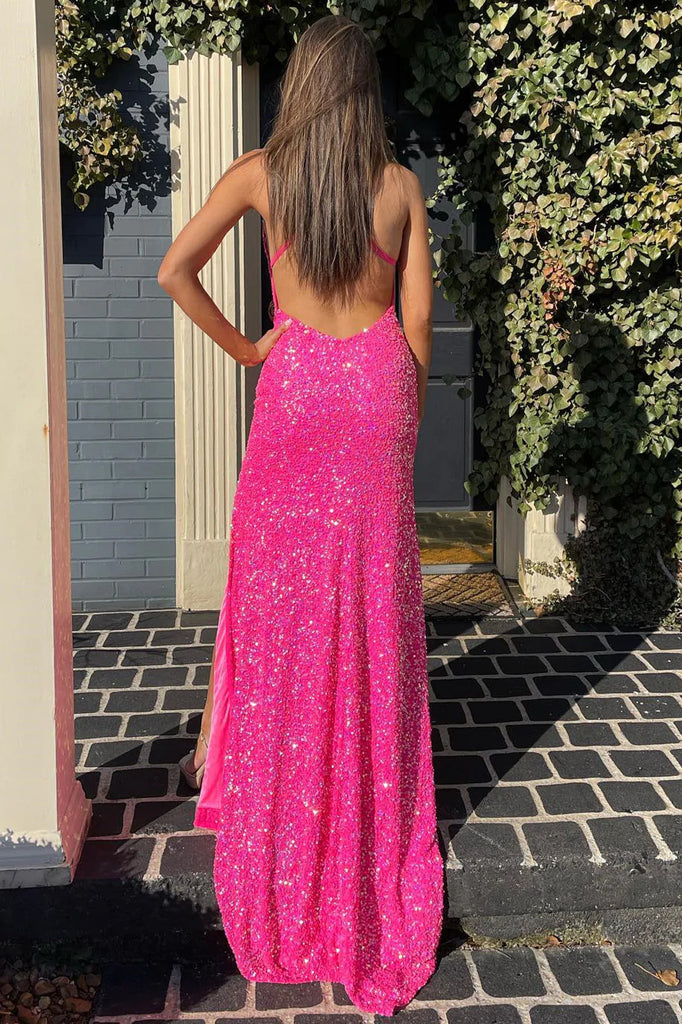 Hot Pink Sequined V-Neck Spaghetti Straps Backless Long Prom Dress Witth Slit OK1694