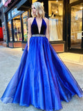 V Neck Backless Royal Blue Halter Prom Dress Long Beaded Formal Evening Dress OKT59