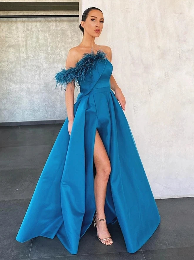 A-line Blue Floor Length Satin Prom Dress Formal Evening Dress OKT94