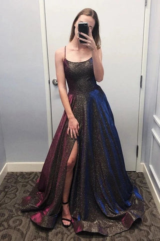 Sparkly Scoop Spaghetti Straps Slit Prom Dress Unique Party Dress with Pockets OKT83