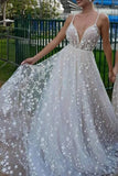 Unique Off White Star Tulle V Neck Long Prom Dress OKT84