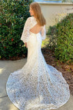 Chic Lace Long Sleeves V Neck Open Back Mermaid Wedding Dress OK1538