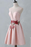 A Line Knee-Length Open Back Pink Satin Homecoming Dresses With Flower Appliques OK384