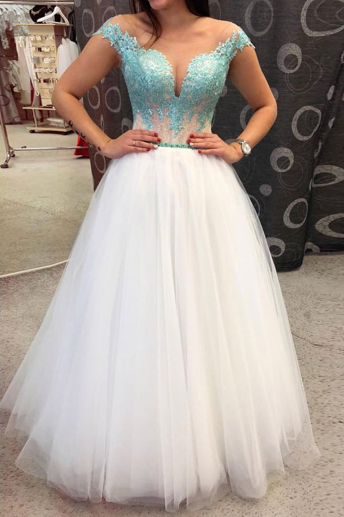 Off White Tulle Lace Appliques Long Prom Dress A-line Evening Dress OKS622