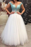Off White Tulle Lace Appliques Long Prom Dress A-line Evening Dress OKS622
