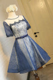 Vintage A-Line Crew Knee-Length Short Sleeves Navy Blue Lace Homecoming Dress OK455