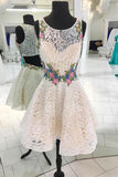 White Lace Short Prom Dresses, Floral Appliques homecoming dress OKP60