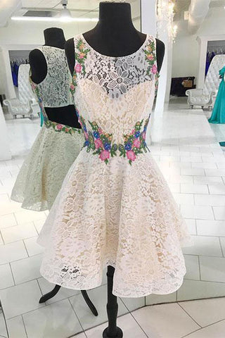 White Lace Short Prom Dresses, Floral Appliques homecoming dress OKP60