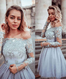 Gray Lace Appliques Tulle Short Prom Dresses, Long Sleeves Homecoming Dress OKP55