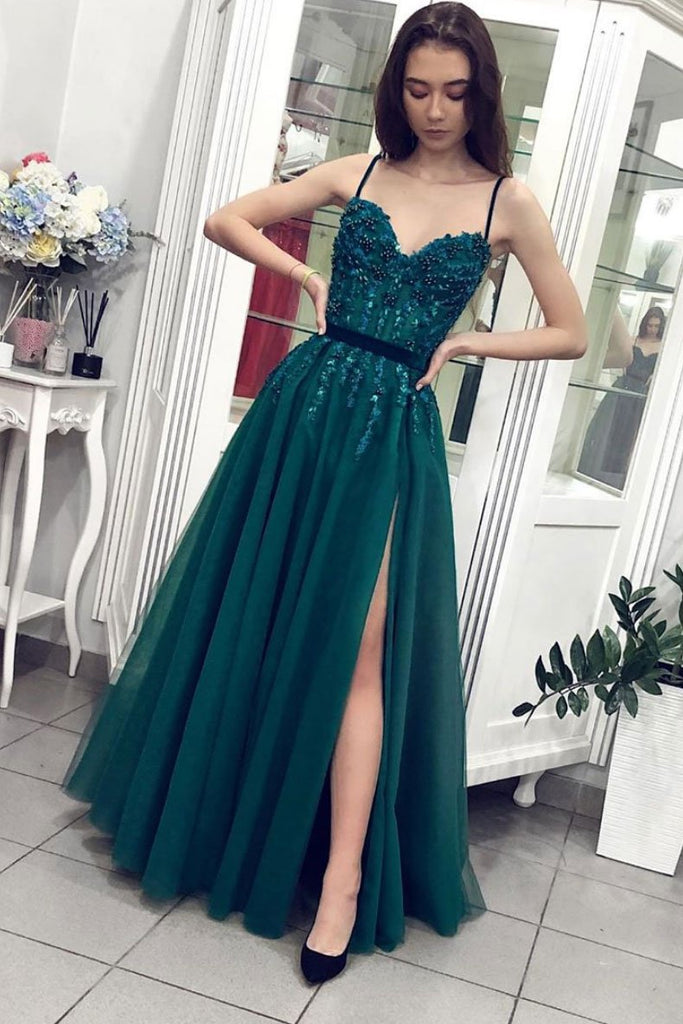 Green A Line Tulle Spaghetti Straps Beaded Long Prom Dresses OKP76