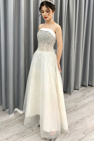 Off White A Line Spaghetti Straps Beading Elegant Long Prom Dresses OKP74