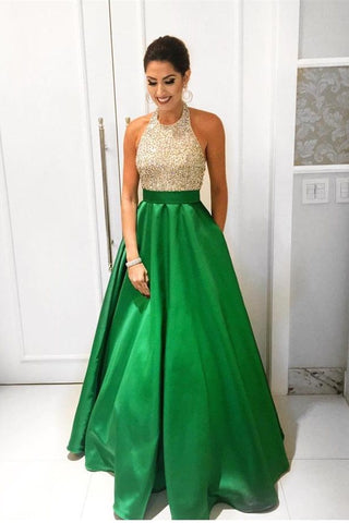Green A-line Beading Halter Simple Handmade Cheap Backless Prom Dress K675