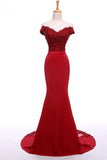 Burgundy Off Shoulder Long Mermaid Lace Beauty Prom Dress K710
