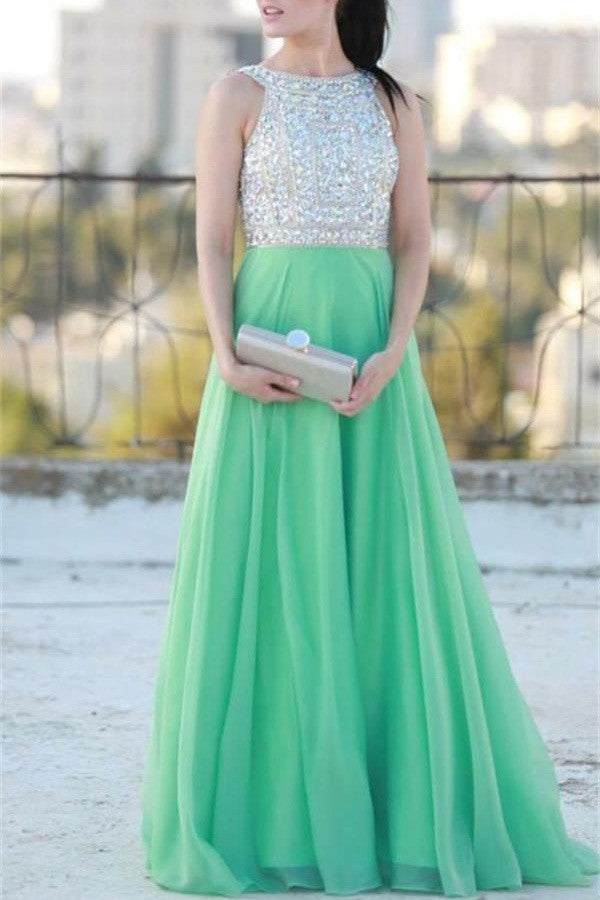 Green Long Beading Chiffon A-line Elegant Prom Dress For Teens K728