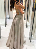 Sexy Shiny Criss Cross Back Deep V Neck A Line Long Prom Dress OK1040