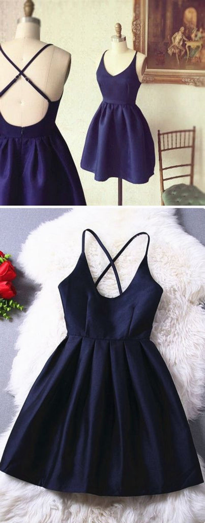 Sweet 16 Dresses,Navy Blue Short Satin Backless Prom Dress,Simple Homecoming Dresses OK321