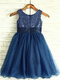 A-Line Round Neck Navy Blue Tulle Flower Girl Dresses with Flower OKP21