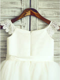 A-Line Round Neck White Flower Girl Dresses with Sash Lace OKP26