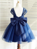 A-Line Square Neck Cap Sleeves Dark Blue Flower Girl Dress with Lace Bowknot OKP16
