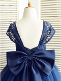 A-Line Square Neck Cap Sleeves Dark Blue Flower Girl Dresses with Lace Bowknot OKP16
