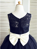 A-Line Round Neck Knee-Length Navy Blue Flower Girl Dresses with Bowknot Flower OKP20