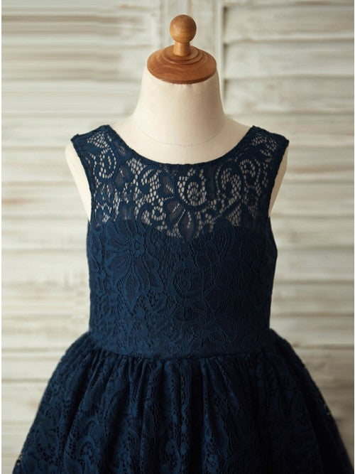 A-Line Round Neck Backless Navy Blue Lace Flower Girl Dresses with Bowknot OKP17