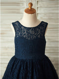 A-Line Round Neck Backless Navy Blue Lace Flower Girl Dresses with Bowknot OKP17