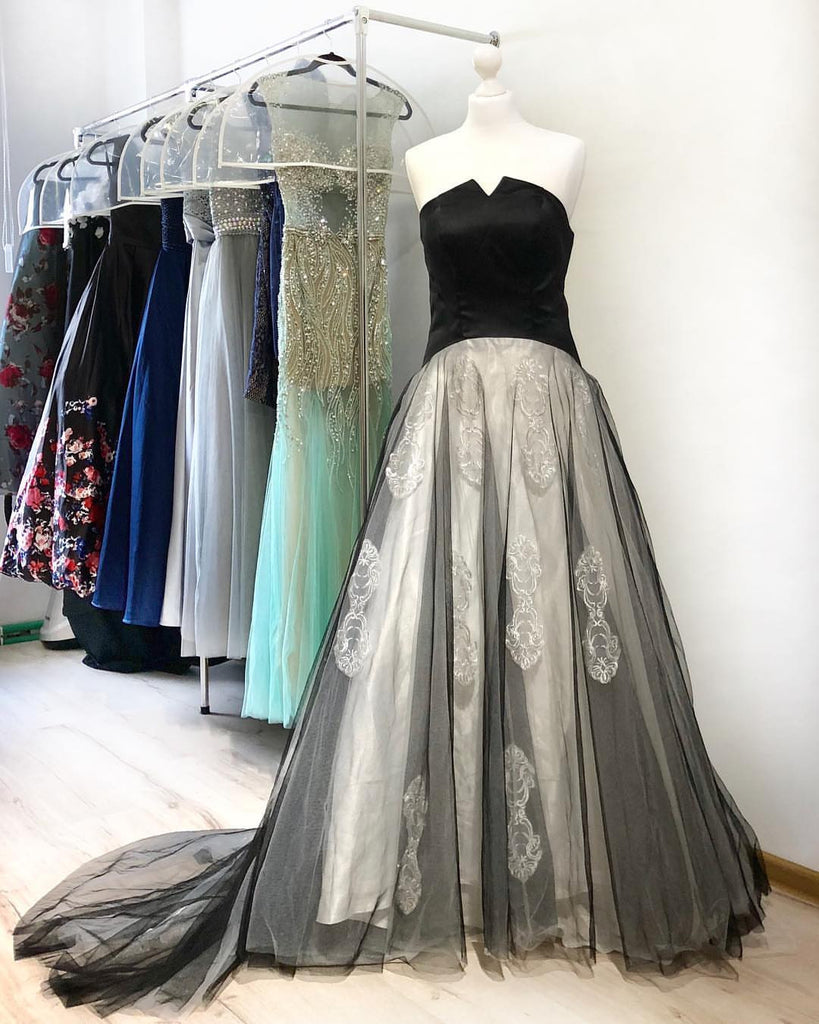 A Line Black Strapless Appliques Long Cheap Prom Dress OKI48