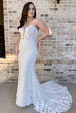 Off White Floral Lace Strapless Mermaid Long Wedding Dress With Brush Train OK1909