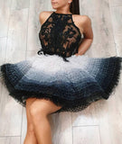 Cute Tulle Lace Short Prom Dresses, Black Top Homecoming Dress OKP53