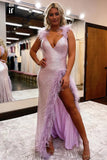 Romantic V-Neck Double Straps High Split Prom Dresses Formal Evening Gown OK1970