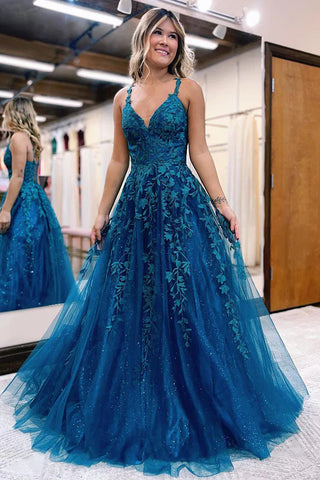 A-line V-Neck Lace Appliques Blue Long Prom Dress Evening Dresses OK2018