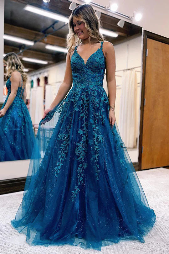 A-line V-Neck Lace Appliques Blue Long Prom Dress Evening Dresses OK20 ...
