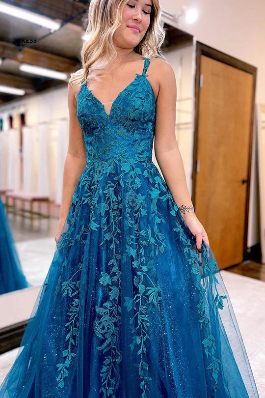 A-line V-Neck Lace Appliques Blue Long Prom Dress Evening Dresses OK20 ...