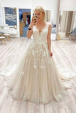 V Neck Tulle Long Prom Dress Lace Appliques A Line Evening Dress OK1173