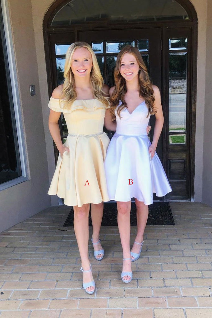 Cute Satin Short Prom Dresses, A Line Simple Homecoming Dress With Pockets OKP42