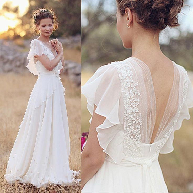 Princess A Line Chiffon Lace Backless Ivory Beach/Coast Wedding Dress,Summer Wedding Gown OK266
