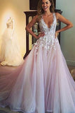 Spaghetti Straps V-neck Long Tulle Wedding Dress Prom Dresses with Appliques OK547